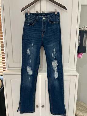Fashion Nova Distressed High Rise Slim Straight Jeans with Side Slit Hem Size 7